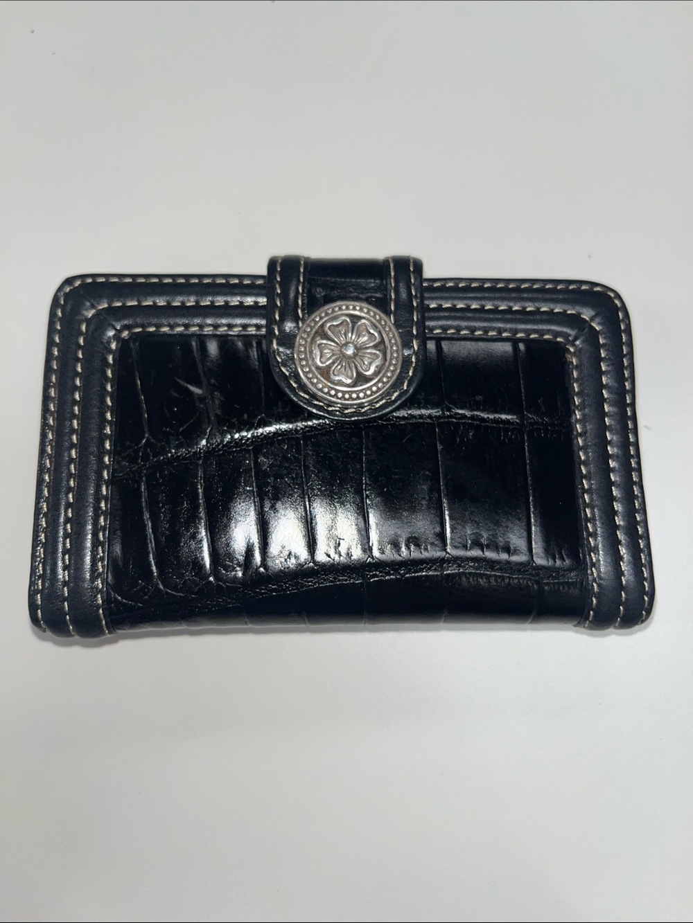 Brighton Black Leather Croc Stamped Print Wallet with Decorative Snap